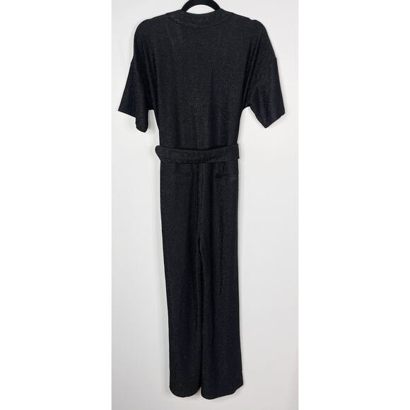 FRNCH Womens Small Black Alex Metallic Jumpsuit Tie Waist Faux Wrap Short Sleeve - Picture 2 of 13